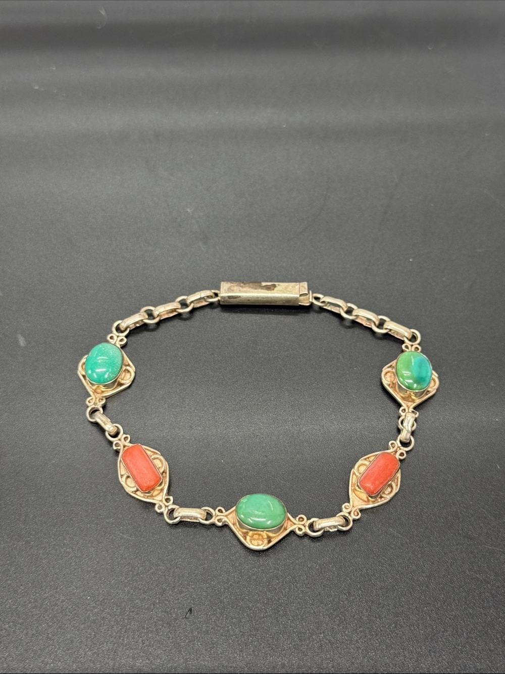 Sterling Bracelet with Green Turquoise and Coral Accents